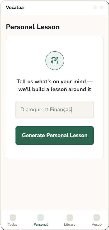 Vocatua personal lesson screen — enter your own topic and generate a lesson from it